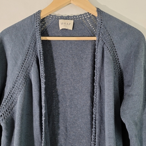 WRAP London Women's Blue Open Front Cardigan Sz 14 Linen Blend Crochet Pockets - Picture 3 of 11